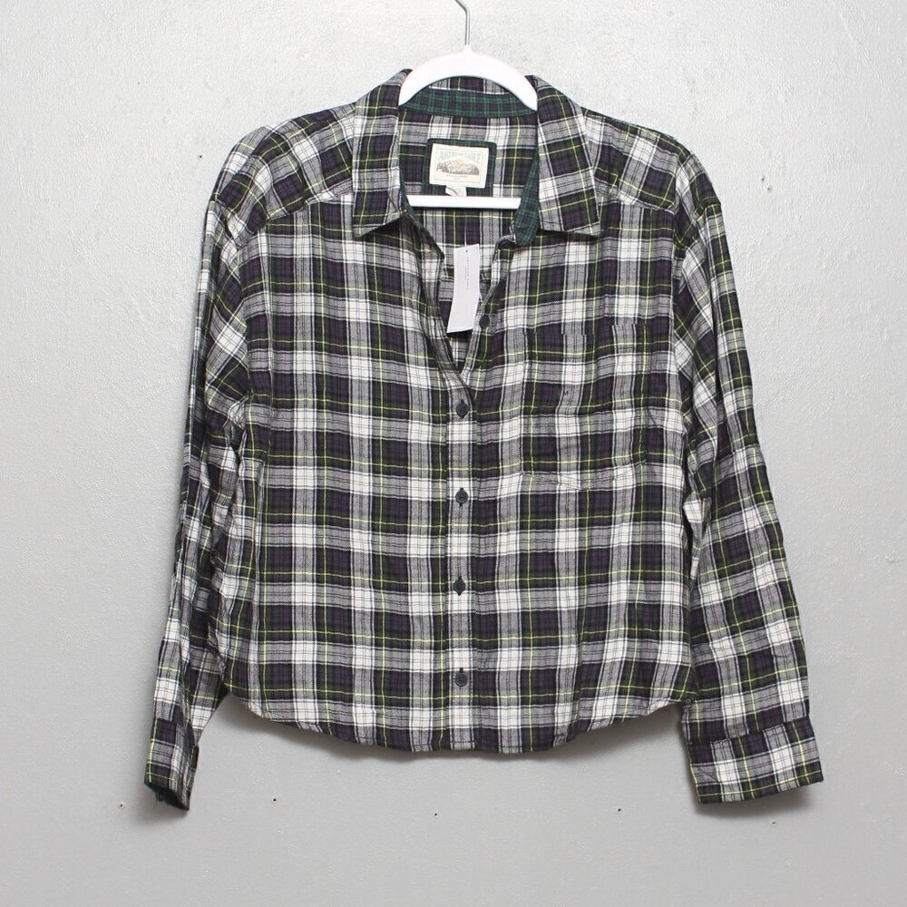 American Eagle NWT green white plaid viscose cotton boxy cropped flannel button
